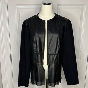 Chico's Black Faux Leather Trendy Pleather Tulle Trim Peplum Moto Jacket Size 2